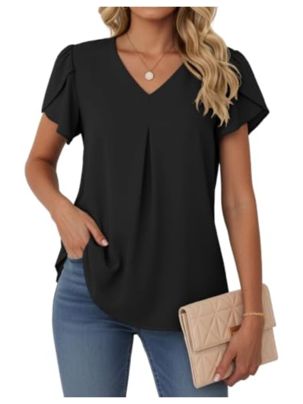 Womens V Neck Short Sleeve Blouse Flowy Print Summer Work Tunic